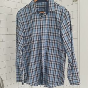 Tasso Elba Blue, Brown and White Casual Button Down Shirt Lightweight Cotton